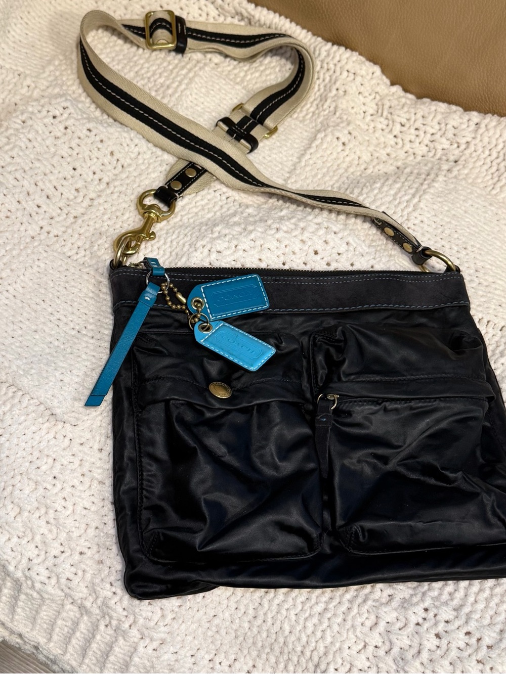Coach Black Crossbody Bag with Blue Accent Tags